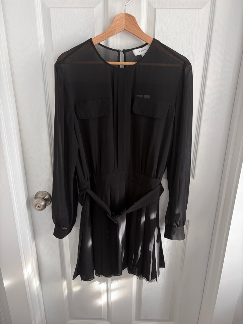 Reiss Black Long-Sleeve Tie-Waist Mini Dress